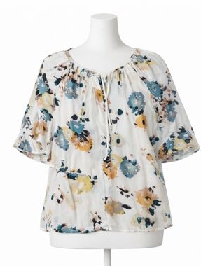 Lucky Brand Floral Blouse Peasant Style White, Blue, Yellow